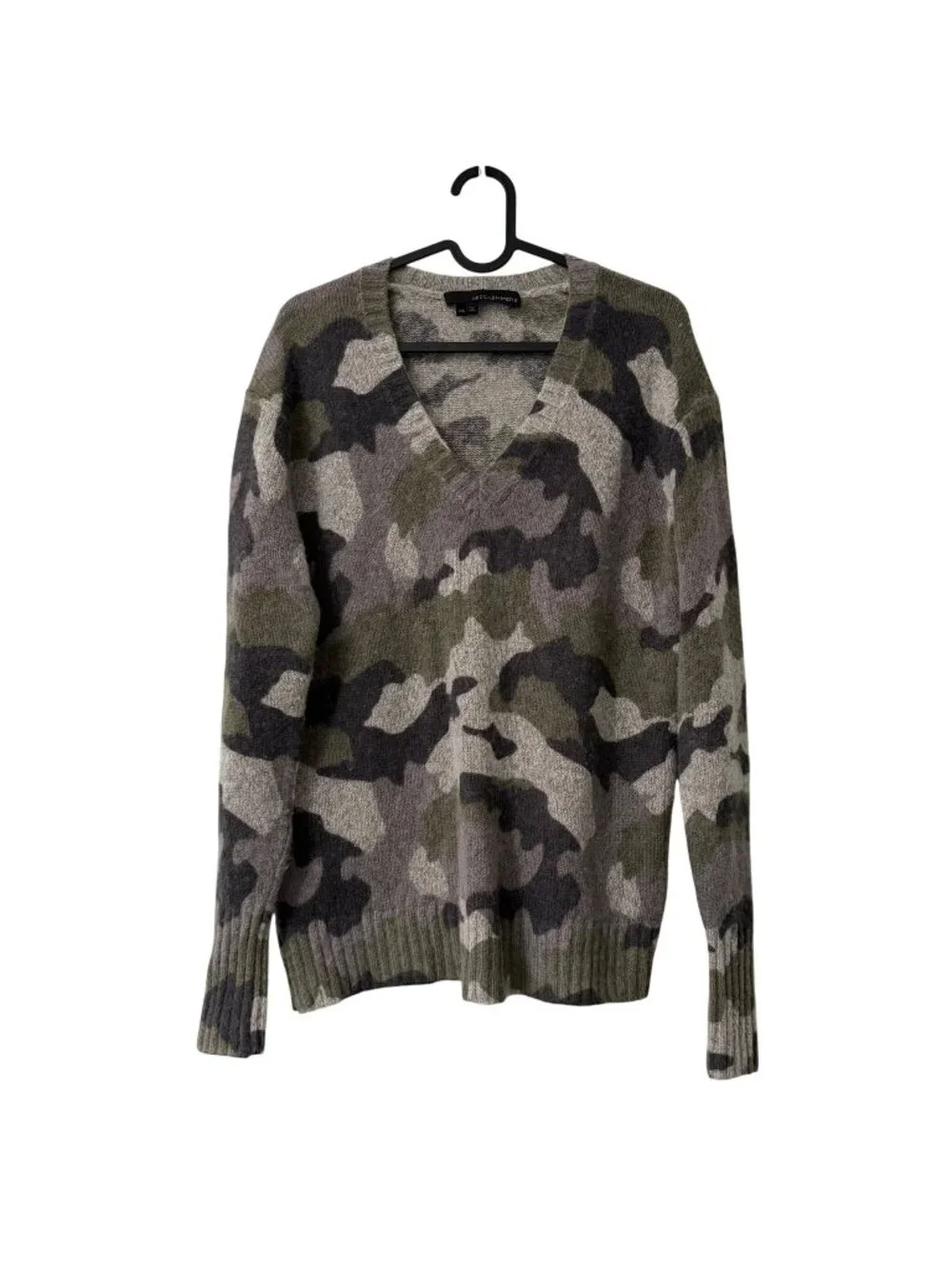 360 Cashmere Camouflage Green Gray Vneck Long Sleeve Sweater Womens XSmall